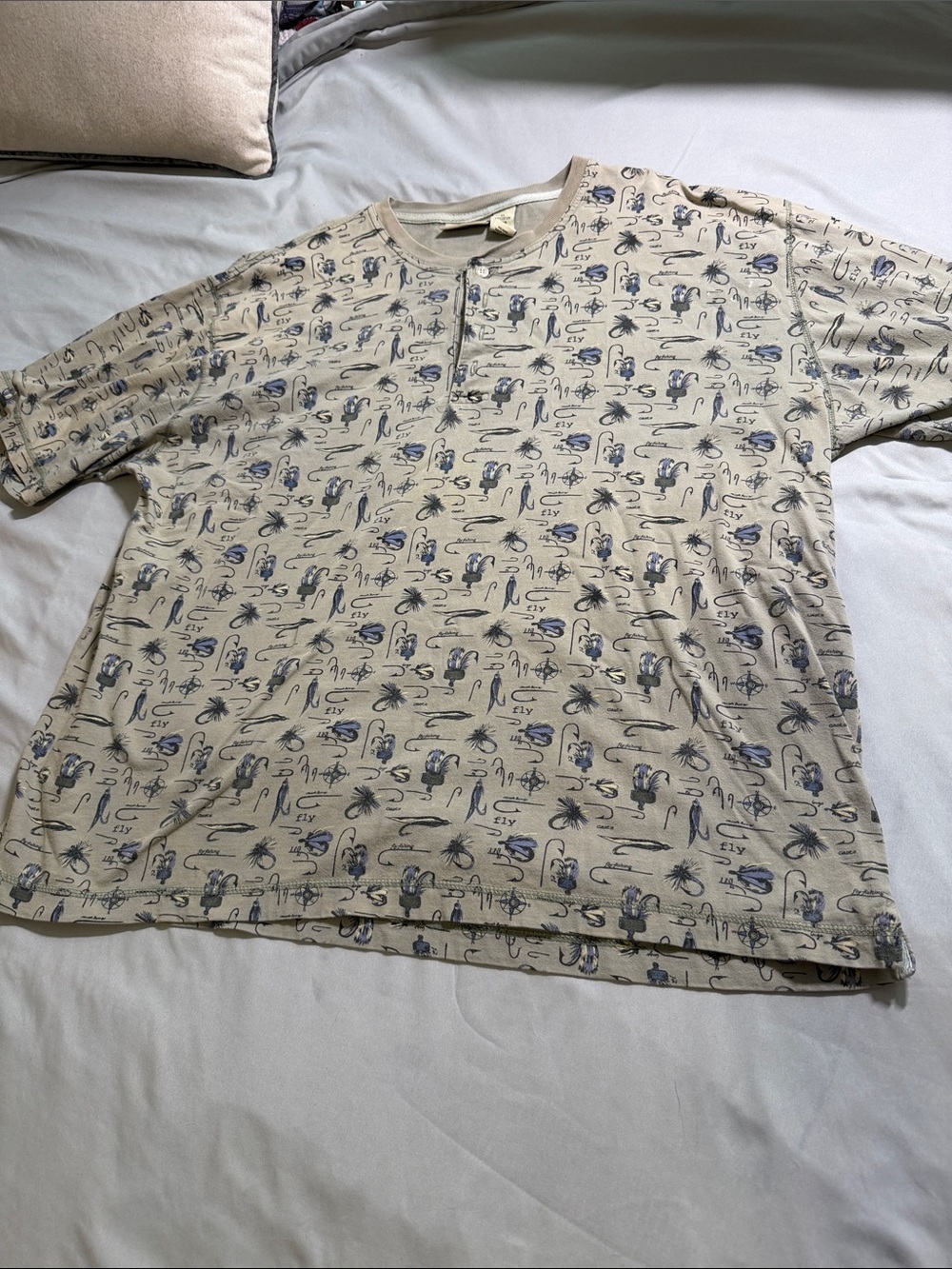 Beige Short-Sleeve Henley Tee with Blue Fly fishing Print